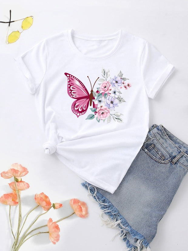 CAMISETA DAMA MARIPOSA ROSADA FLORES