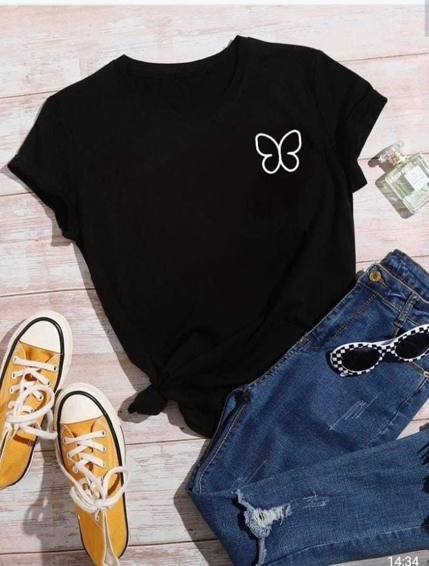 CAMISETA DAMA NEGRA MARIPOSA CORAZON