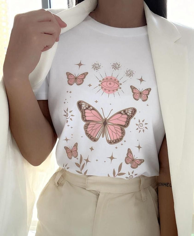CAMISETA DAMA BLANCA VARIAS MARIPOSAS ROSADAS