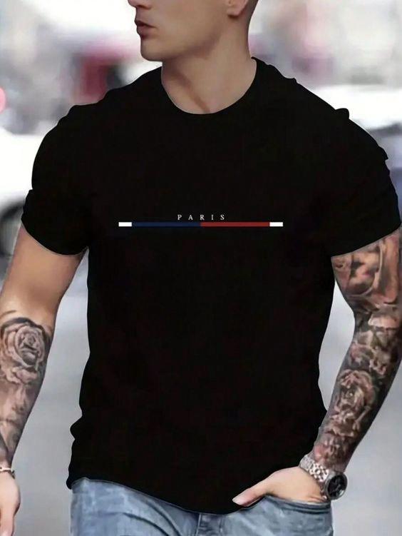 CAMISETA HOMBRE NEGRA PARIS LINEA AZUL ROJA